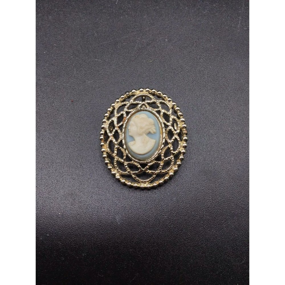 Sarah Coventry Signed Faux Cameo Pin & Pendant Blue Cameo in Gold Tone Frame